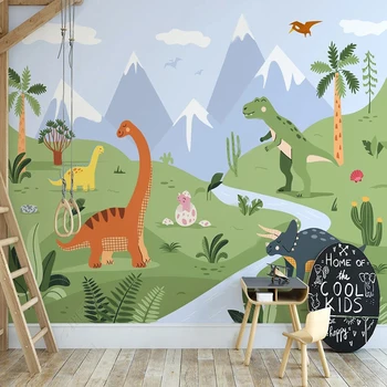 Custom Sienų Tapetai Šiaurės Ranka-dažytos Slėnis Animacinių filmų Mažai Dinozaurų Žalias Miškas, Vaikų Kambario Fone, Sienų Dekoras