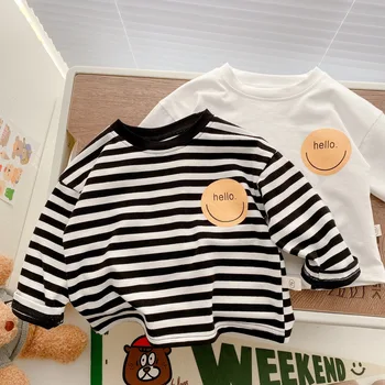 Vaikai Long Sleeve T-Shirt 2023 Rudenį Korėjos Kūdikių Drabužiai Dryžuotas Šypsena Veide Berniukų, Mergaičių Tees Medvilnės Bamblys Vaikams Laisvalaikio Viršūnės