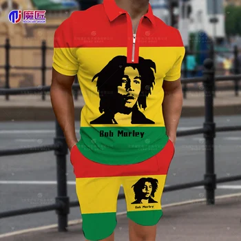 Bob Marley Trumpas Rankovėmis POLO Marškinėliai Atvartas Kostiumas Sporto Susitikimas Mados vyriški Marškinėliai + Šortai Atsitiktinis 2-Piece Fitneso Veikia Kostiumas