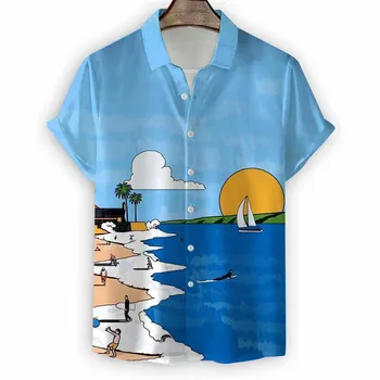 Havajų Paplūdimys Marškinėliai Vasaros Aliejaus Tapybai Modelis Trumpas Rankovėmis Viršų Mados Atsitiktinis Marškinėliai Negabaritinių Palaidų Montavimo, vyriški Drabužiai
