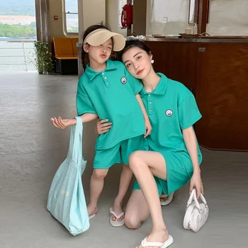 Mama ir dukra suknelė 2023 Naujas Šeimos derinti drabužius SummerPreppy polo kaklo trumpomis rankovėmis šortai tiktų Vaikams Drabužiai Mergaitėms