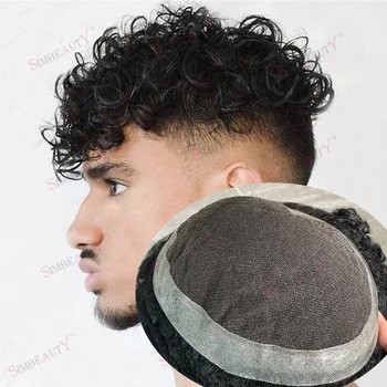 Garbanotas Vyrų Toupee 20mm Australija Nėrinių Net & PU Apie Europos Mergelės Žmogaus Plaukų Mens Hairpieces Pakeitimo Sistema 50% Pilka