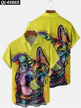 Vasarą Vyrai Yellow Dog Spausdinti Marškiniai, Palaidinės Mados Elegantiškas Marškinėliai Trumpomis Rankovėmis Mygtuką Viršūnes Drabužiai