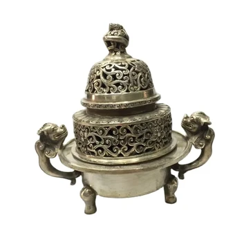 Kinijos seni antikvariniai sidabro dargon Dvigubo sluoksnio, išskaptuotas statulos smilkalų degiklis namų puošybai metalo amatai