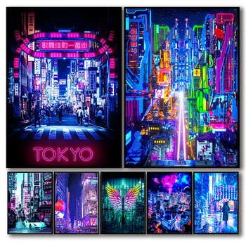 80s Neon Cyberpunk Miesto Naktinis Gatvės Plakatą Estetinės Tokijo niujorko Automobilių Drobė, Tapyba, Plakatas Sienos Meno Kawaii Kambario Dekoro