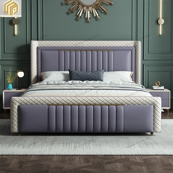 Šviesos prabangus miegamasis odos dvigulė lova, paprastas modernūs, prabangūs lova, daugiafunkcinis saugojimo lova