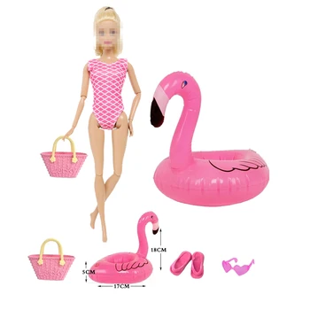 Mielas Rožinis 5 vnt/set Lėlės Priedai Drabužius Barbie 1 maudymosi kostiumėlį+1 Šlepetės+1 krepšys +1 Akiniai +1 Maudynių Žiedas 